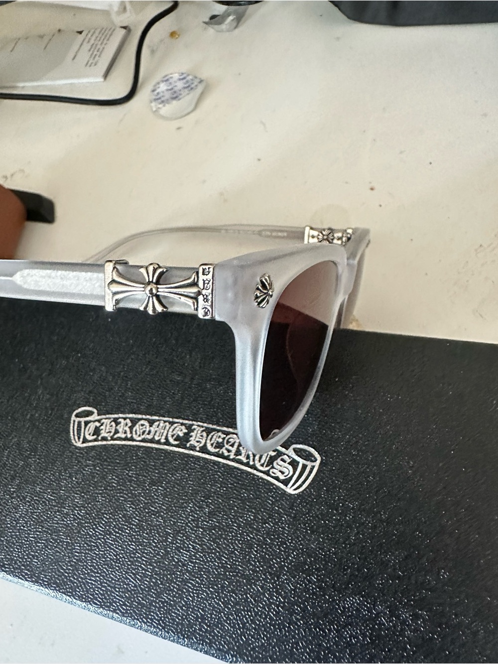 Chrome Hearts Frosted Silver Frame Sunglasses with Dark Lenses